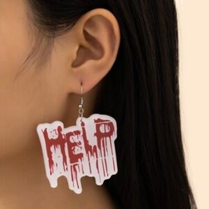 Halloween Dangle Drop Earrings Help Red Blood Drip Costume Spooky Horror Novelty